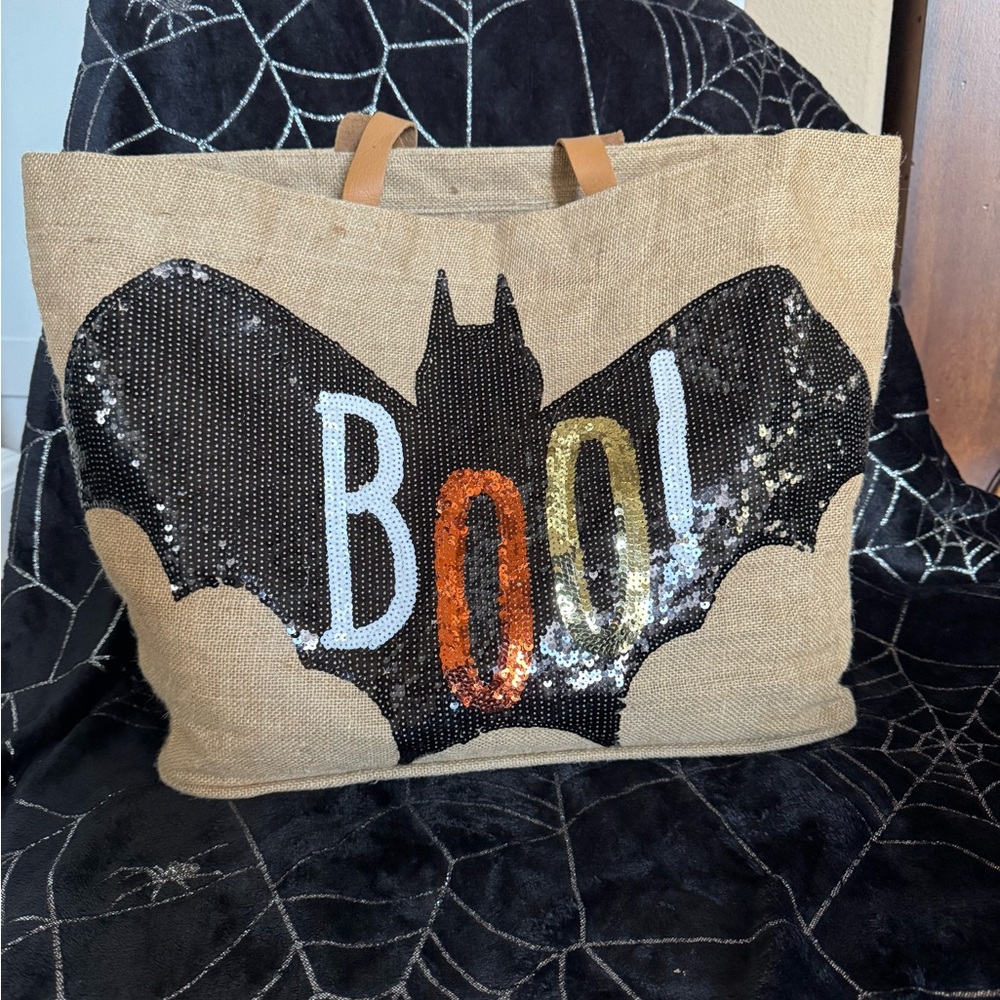 Mudpie Burlap and Leather‎ Sequin Bat Tote Bag